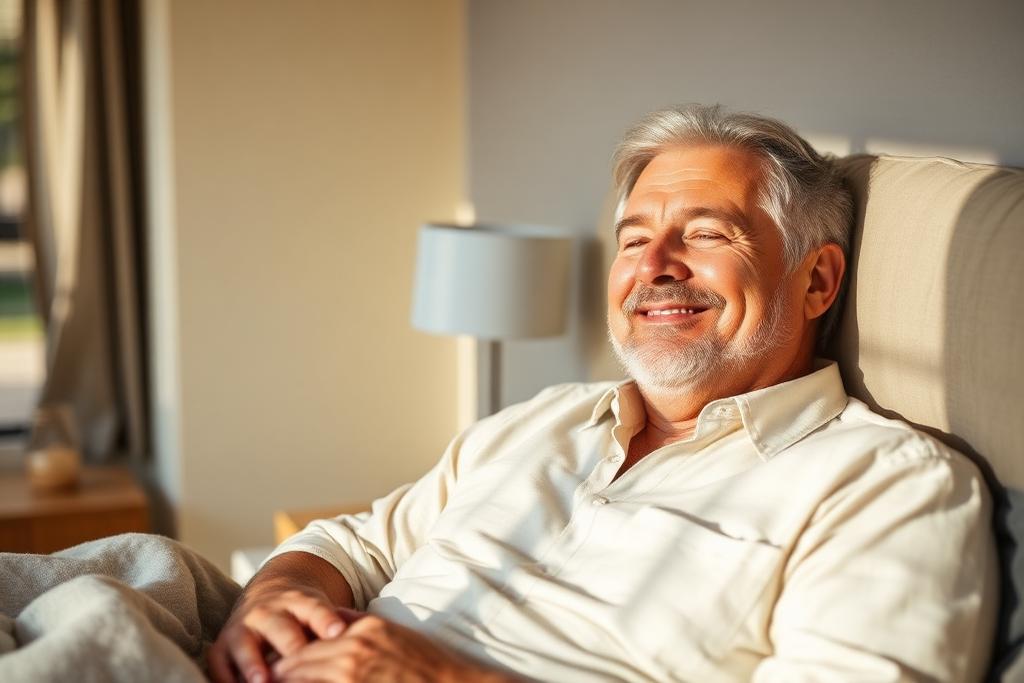 Man in his sixties waking rested after a full night of uninterrupted sleep